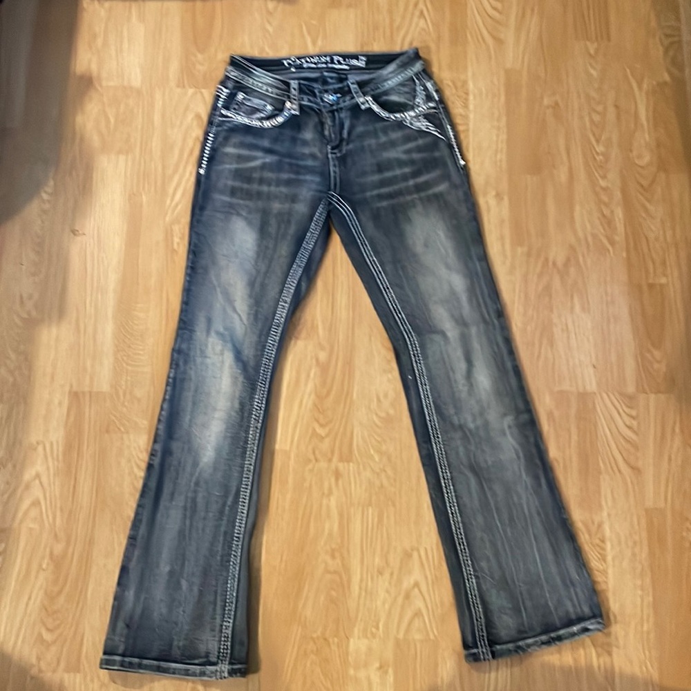 Platinum Plush Jeans, Size 5, 30” inseam, low rise, distressed, black/grey color